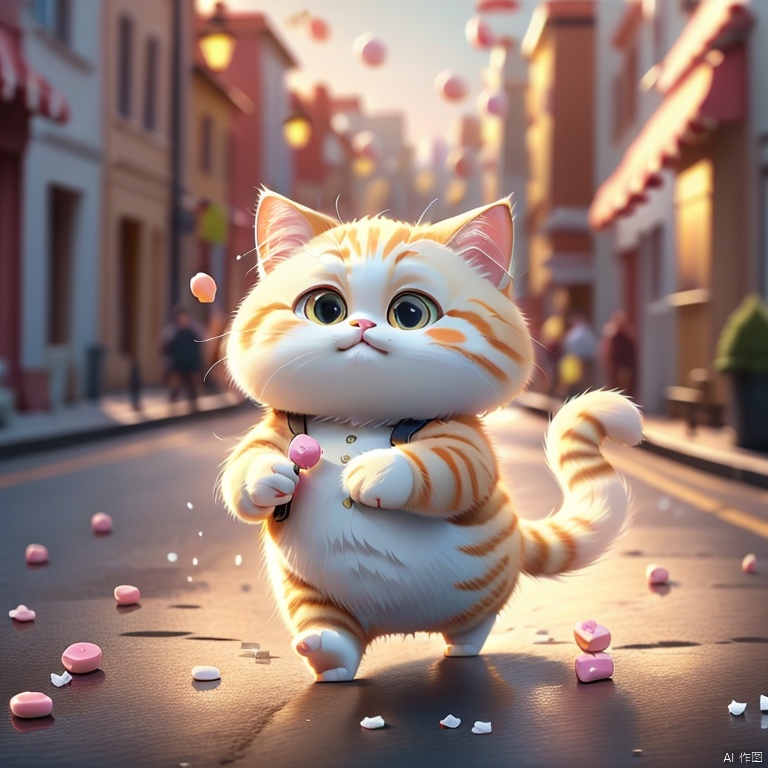 cat,Kitten holding candy, walking happily on the street, high quality, super details, 8k