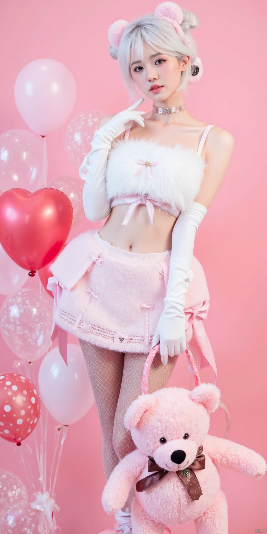 1girl, solo, looking at viewer, short hair, skirt, gloves, bow, navel, animal ears, bare shoulders, standing, collarbone, white hair, pantyhose, wings, choker, elbow gloves, midriff, white gloves, hair bun, collar, crop top, hand on hip, double bun, stuffed toy, pink background, stuffed animal, fishnets, teddy bear, fishnet pantyhose, balloon, holding stuffed toy, bear ears, heart balloon
