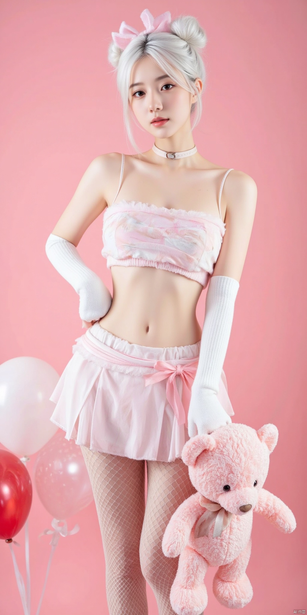 1girl, solo, looking at viewer, short hair, skirt, gloves, bow, navel, animal ears, bare shoulders, standing, collarbone, white hair, pantyhose, wings, choker, elbow gloves, midriff, white gloves, hair bun, collar, crop top, hand on hip, double bun, stuffed toy, pink background, stuffed animal, fishnets, teddy bear, fishnet pantyhose, balloon, holding stuffed toy, bear ears, heart balloon