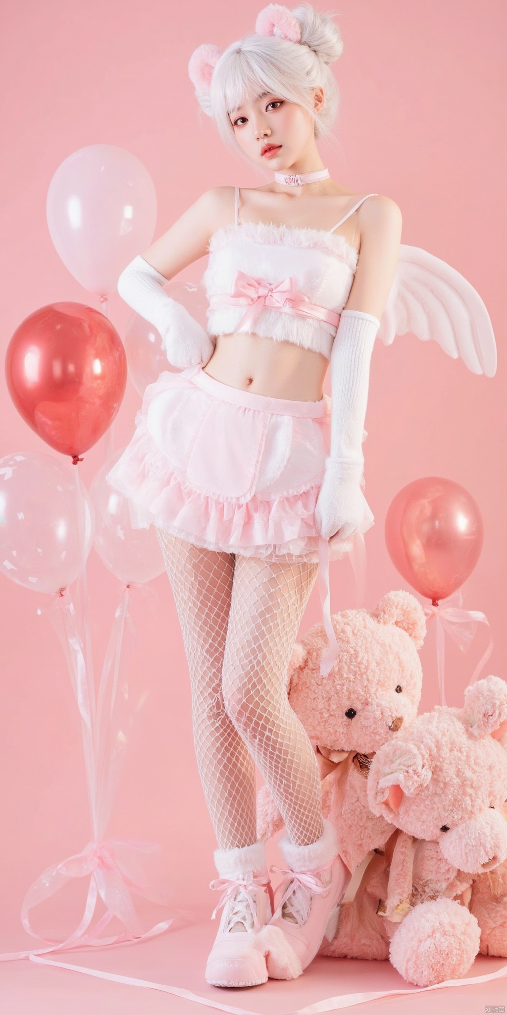 1girl, solo, looking at viewer, short hair, skirt, gloves, bow, navel, animal ears, bare shoulders, standing, collarbone, white hair, pantyhose, wings, choker, elbow gloves, midriff, white gloves, hair bun, collar, crop top, hand on hip, double bun, stuffed toy, pink background, stuffed animal, fishnets, teddy bear, fishnet pantyhose, balloon, holding stuffed toy, bear ears, heart balloon