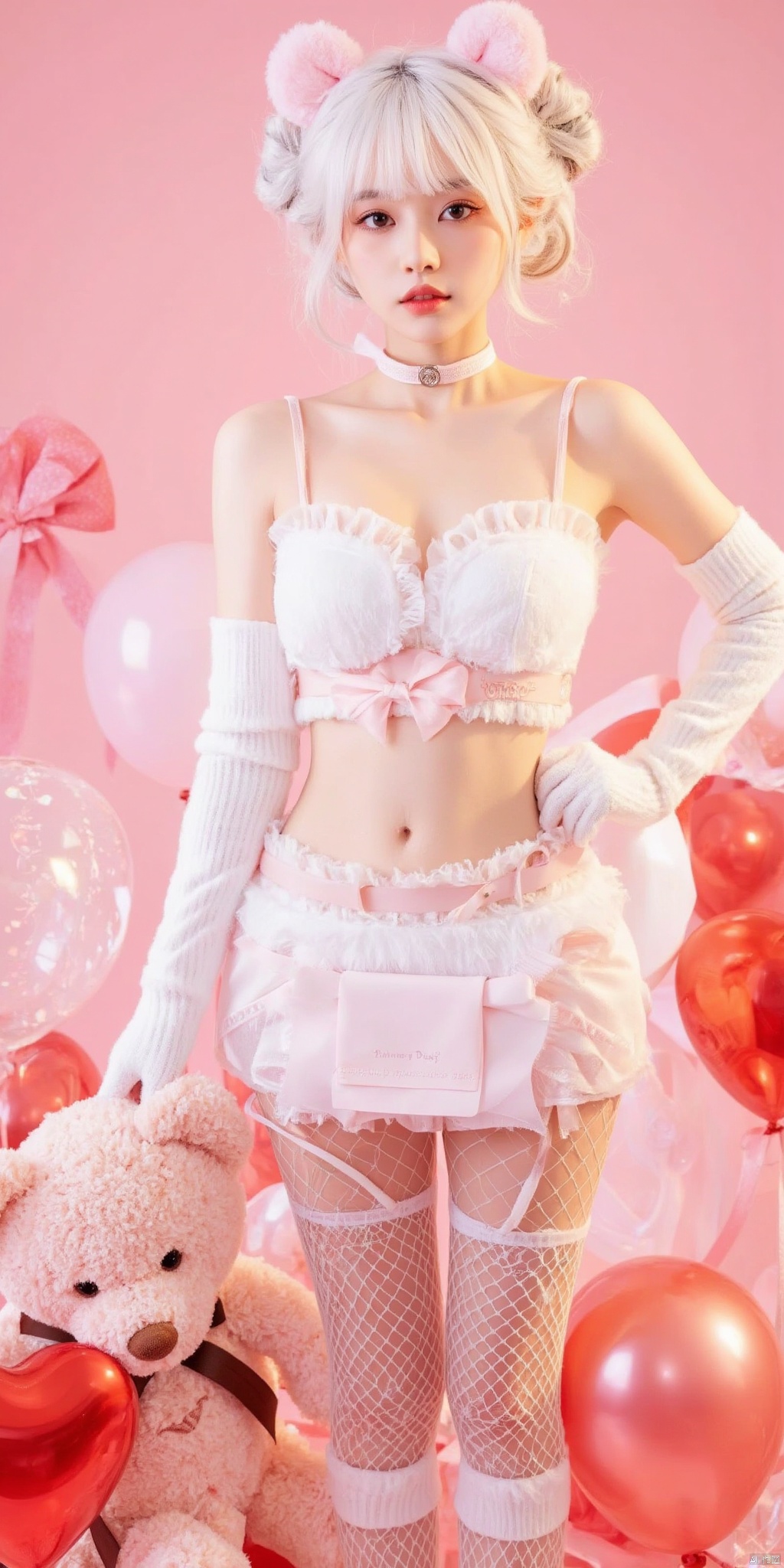 1girl, solo, looking at viewer, short hair, skirt, gloves, bow, navel, animal ears, bare shoulders, standing, collarbone, white hair, pantyhose, wings, choker, elbow gloves, midriff, white gloves, hair bun, collar, crop top, hand on hip, double bun, stuffed toy, pink background, stuffed animal, fishnets, teddy bear, fishnet pantyhose, balloon, holding stuffed toy, bear ears, heart balloon
