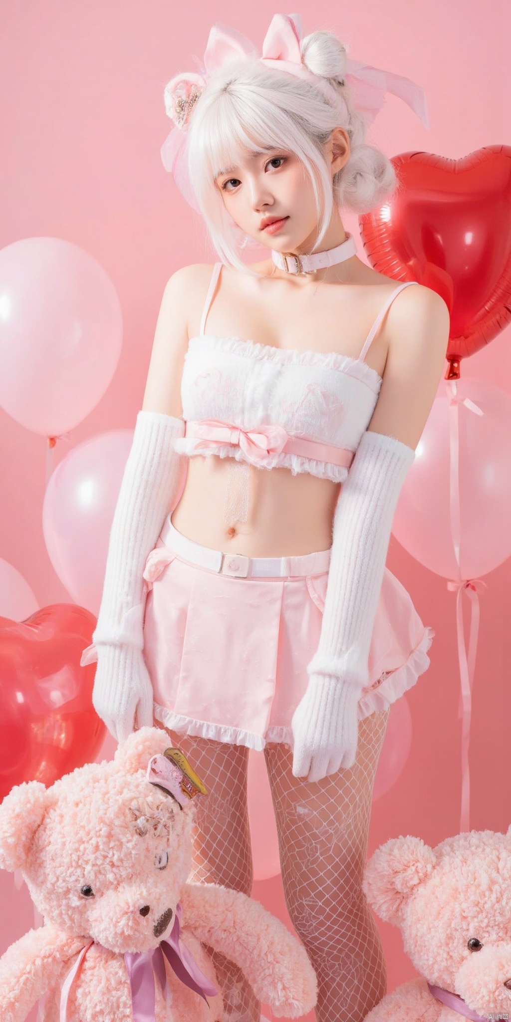 1girl, solo, looking at viewer, short hair, skirt, gloves, bow, navel, animal ears, bare shoulders, standing, collarbone, white hair, pantyhose, wings, choker, elbow gloves, midriff, white gloves, hair bun, collar, crop top, hand on hip, double bun, stuffed toy, pink background, stuffed animal, fishnets, teddy bear, fishnet pantyhose, balloon, holding stuffed toy, bear ears, heart balloon