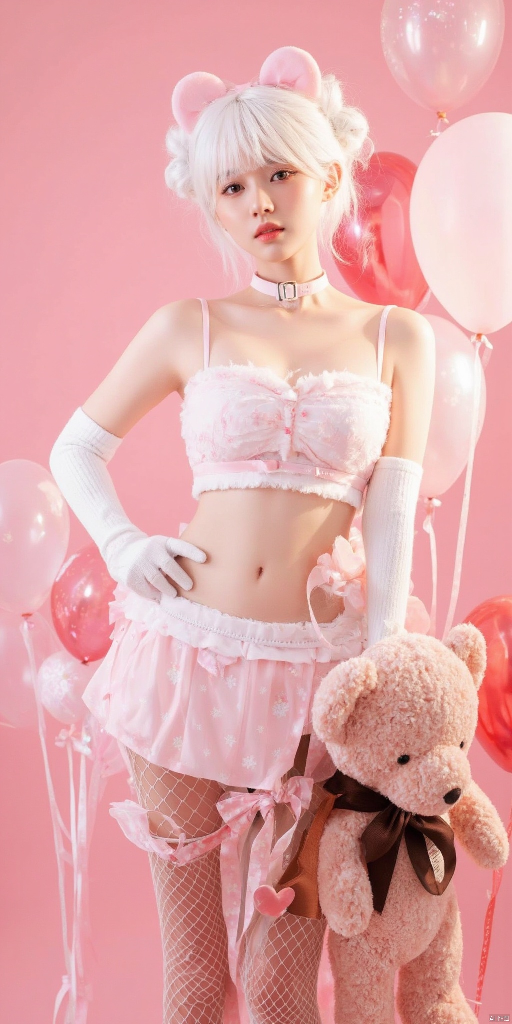 1girl, solo, looking at viewer, short hair, skirt, gloves, bow, navel, animal ears, bare shoulders, standing, collarbone, white hair, pantyhose, wings, choker, elbow gloves, midriff, white gloves, hair bun, collar, crop top, hand on hip, double bun, stuffed toy, pink background, stuffed animal, fishnets, teddy bear, fishnet pantyhose, balloon, holding stuffed toy, bear ears, heart balloon
