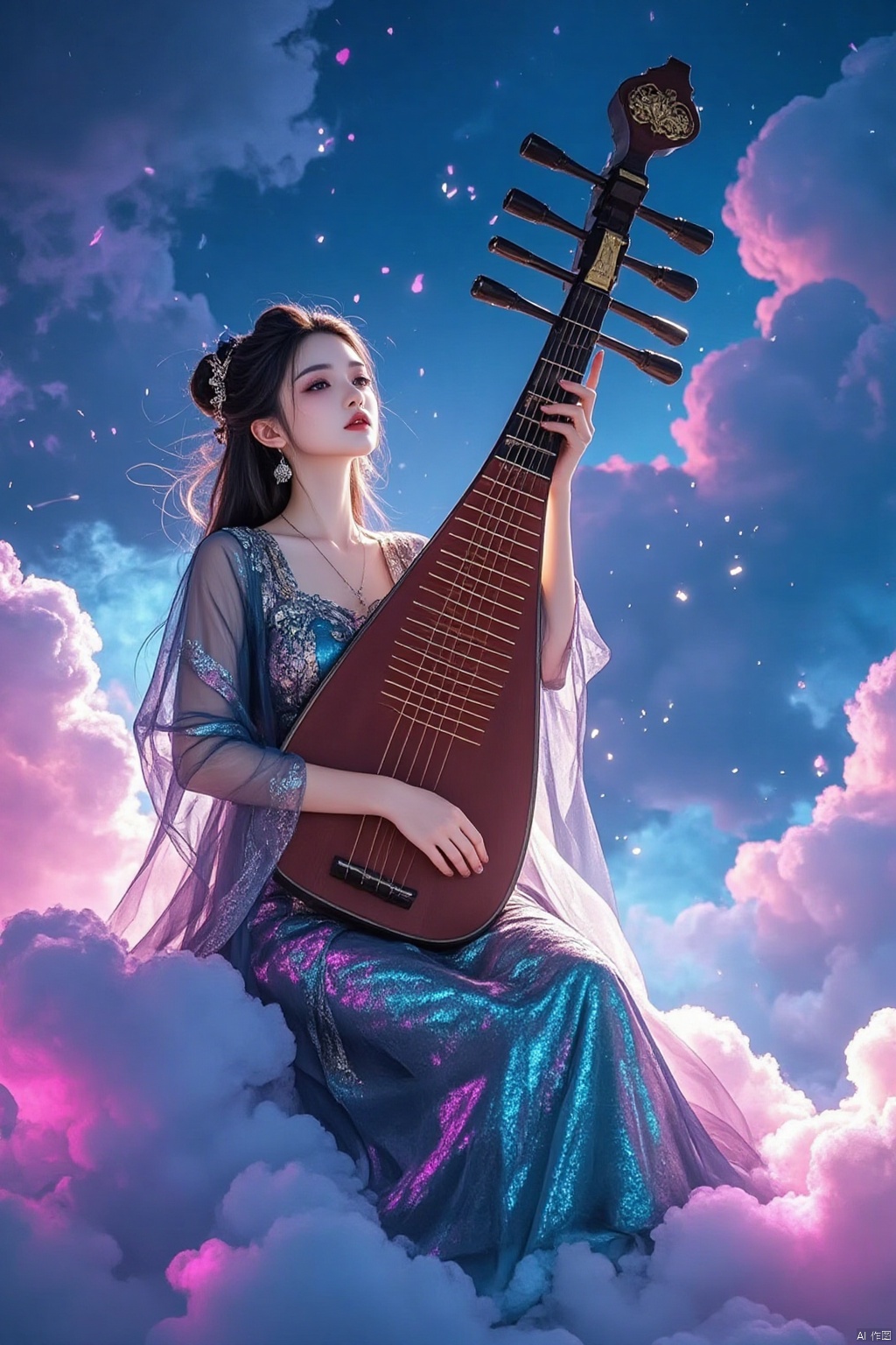 1women, dress, playing musical instruments, sitting on the colorful clouds, sky, sunshine, beautiful