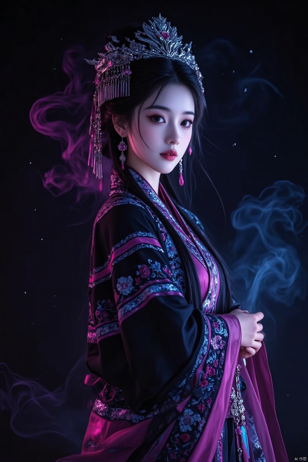 1girl, dressed in Chinese ethnic minority clothing,scolor moke,edge light,night