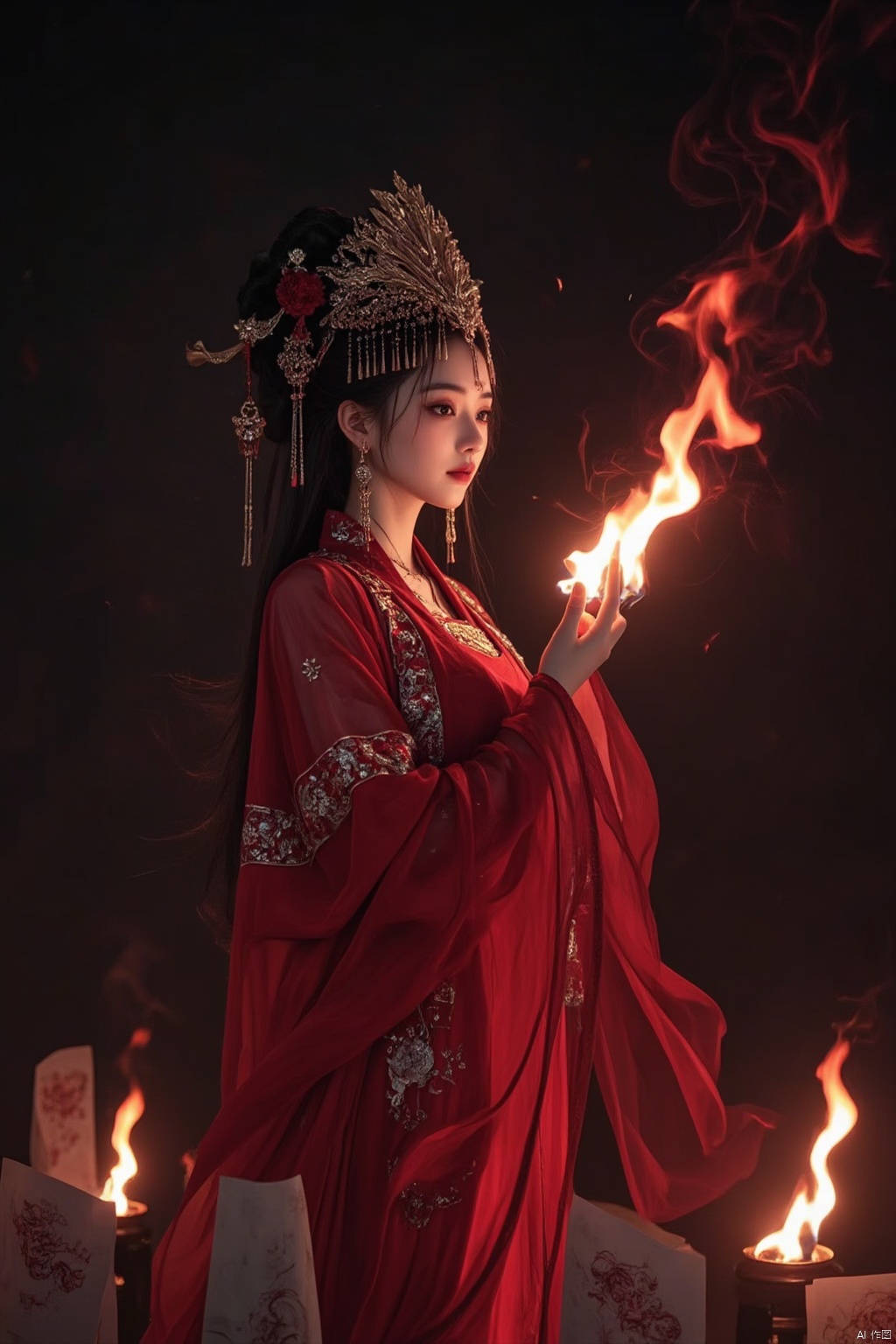 1girl, hair ornament,long sleeves,dress,holding,jewelry,chain bead on the face,standing,earrings,indoors,from side,chinese clothes,red dress,fire,paper,candle,flame,