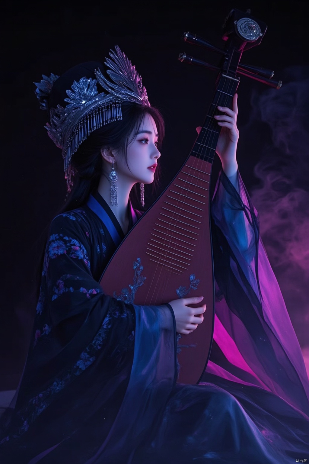 1girl, dressed in Chinese ethnic minority clothing, playing musical instruments,scolor moke,edge light,night