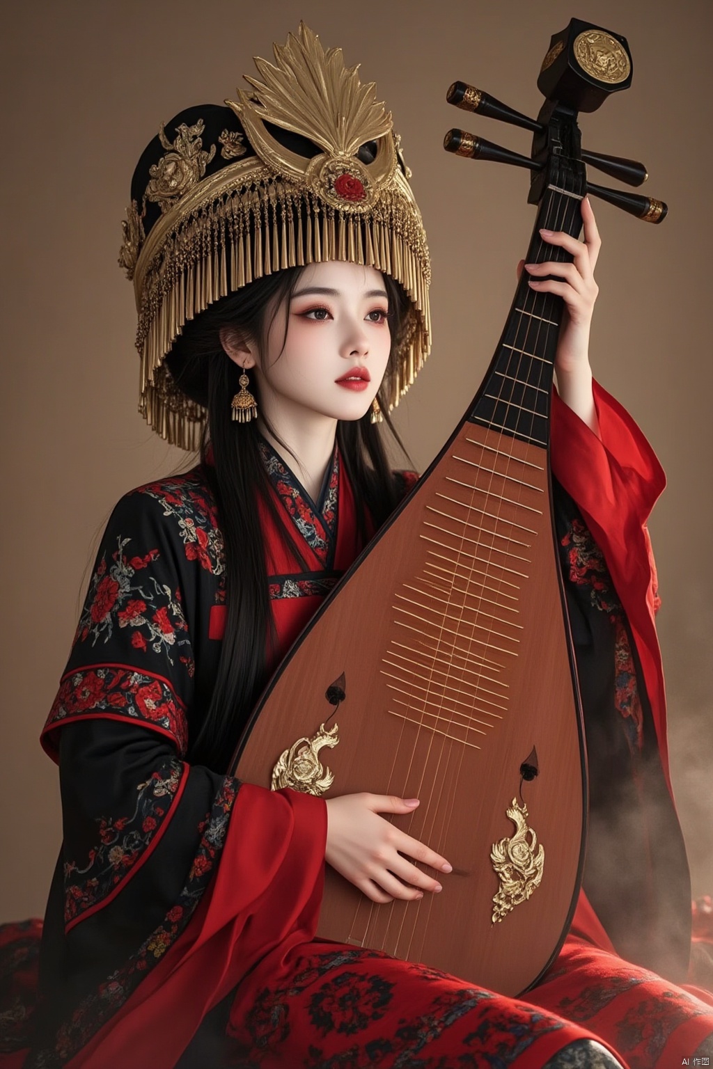 1girl, dressed in Chinese ethnic minority clothing, playing musical instruments,
