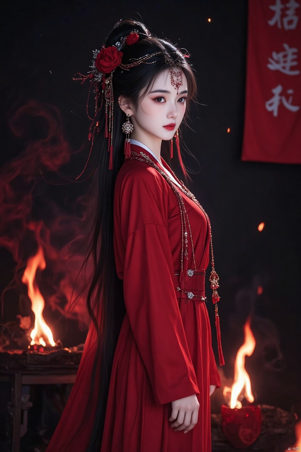 1girl, hair ornament,long sleeves,dress,holding,jewelry,chain bead on the face,standing,earrings,indoors,from side,chinese clothes,red dress,fire,paper,candle,flame,
