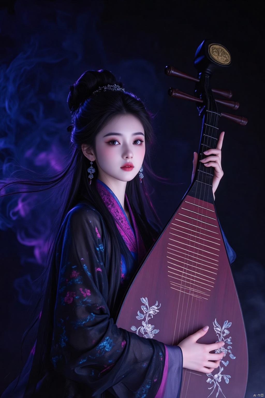 1girl, dressed in Chinese ethnic minority clothing, playing musical instruments,scolor moke,edge light,night