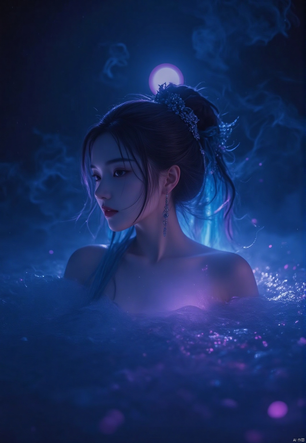 1girl,Under the caress of the moon, a woman bathes in a tranquil pool, black hair,long hair, put nothing on, a vision of tranquility. The water's gentle lapping against her skin is echoed by the soft mist that rises, creating a veil that obscures yet reveals. wrapping her in a cocoon of serene sensuality.