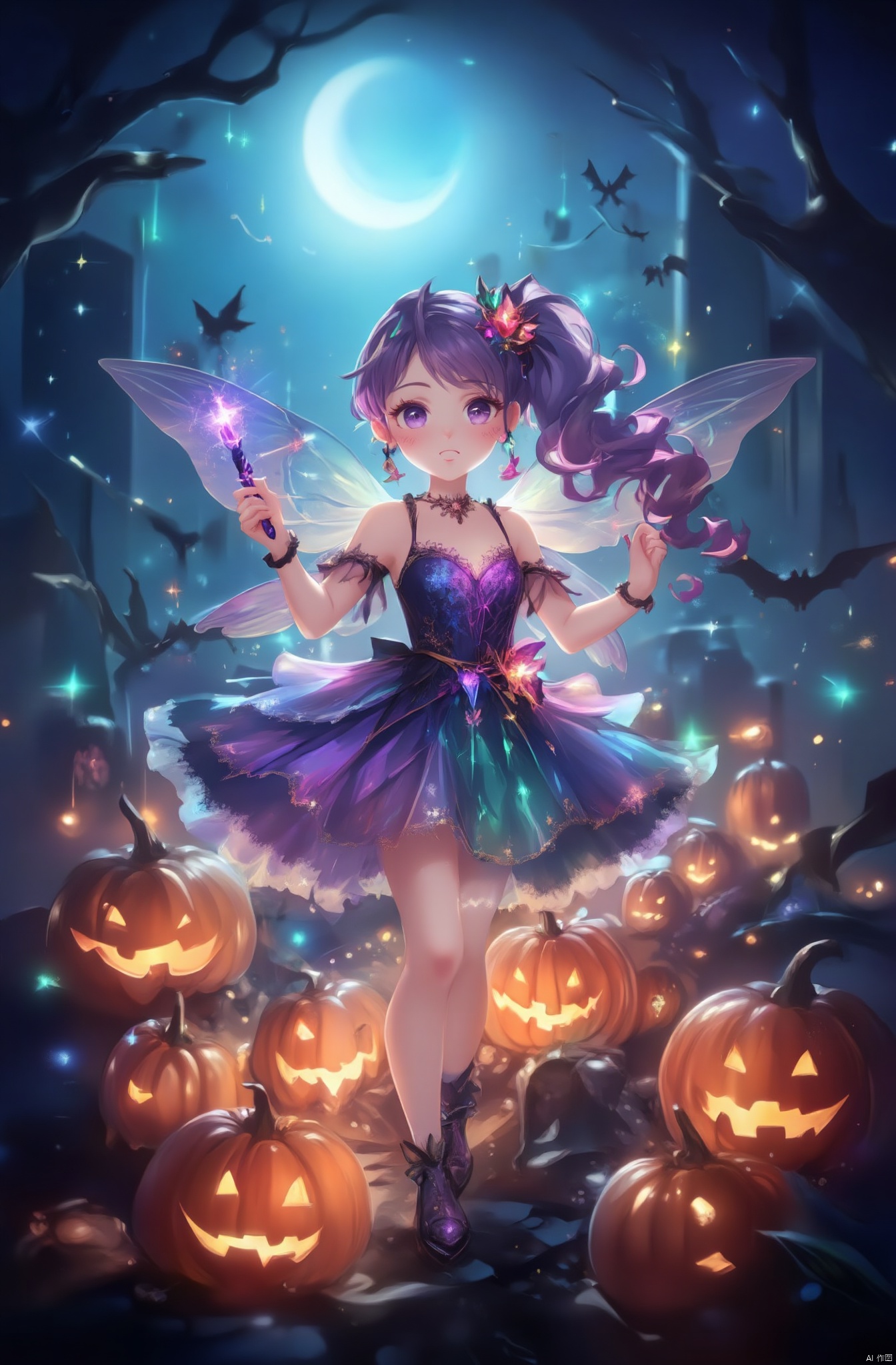 The scene depicts a whimsical Halloween night with a crescent moon shining brightly. A young girl dressed as a playful fairy, with iridescent wings and a sparkling dress in shades of purple and green, twirls around a circle of enchanted pumpkins. Her hair is adorned with tiny glowing stars, and she holds a glittering wand, surrounded by fluttering bats.