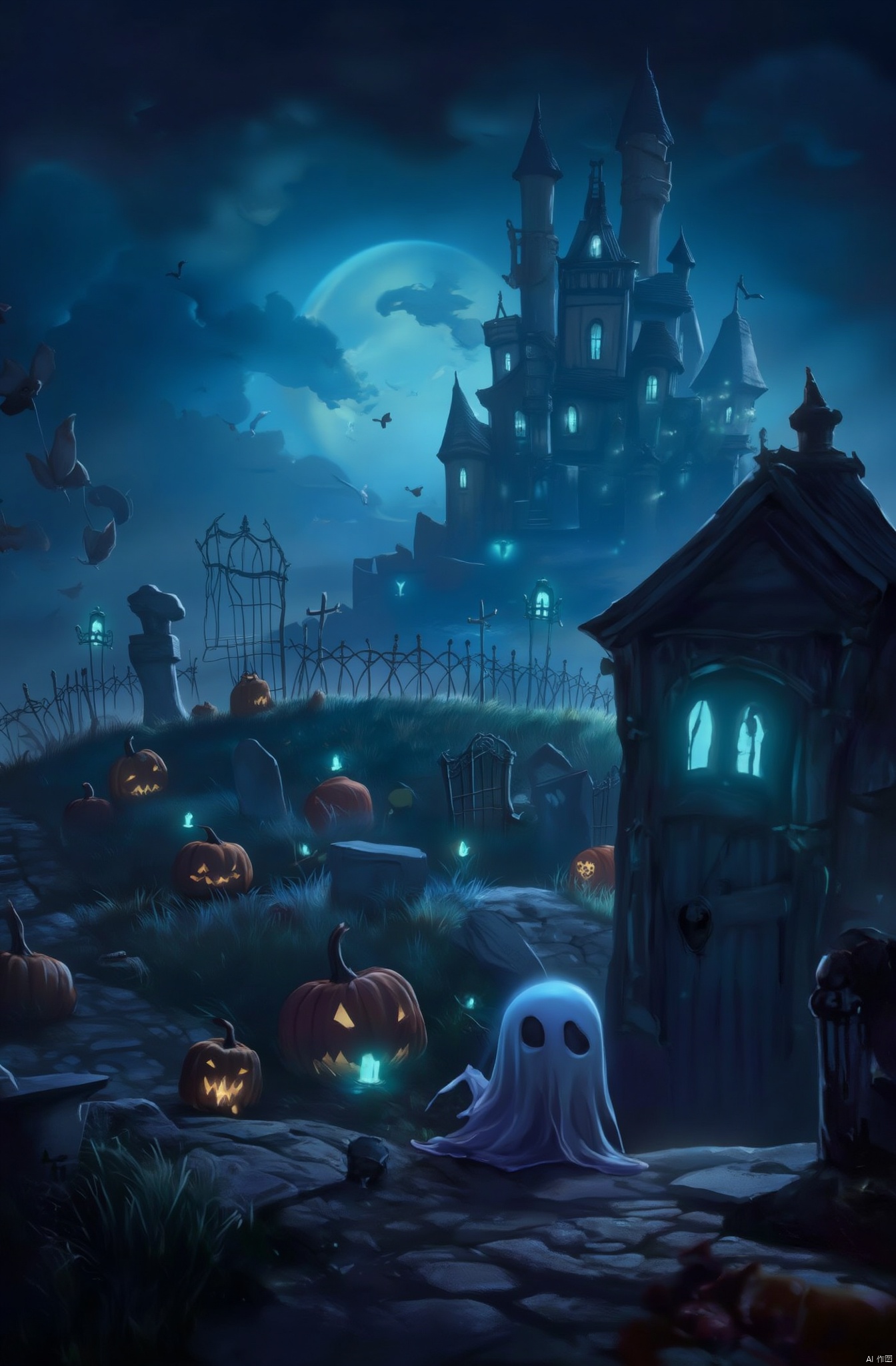 The image is a digital illustration of a spooky Halloween scene. The background is a dark blue sky with a full moon and a castle in the distance. The castle is made of stone and has multiple towers and turrets. It is surrounded by a graveyard with tombstones, a fence, and a gate. There are several pumpkins scattered around the graveyard, some of which are lit up with blue lights. A ghostly figure is standing on the ground in front of the gate, looking up at the castle. The overall mood of the image is eerie and eerie.