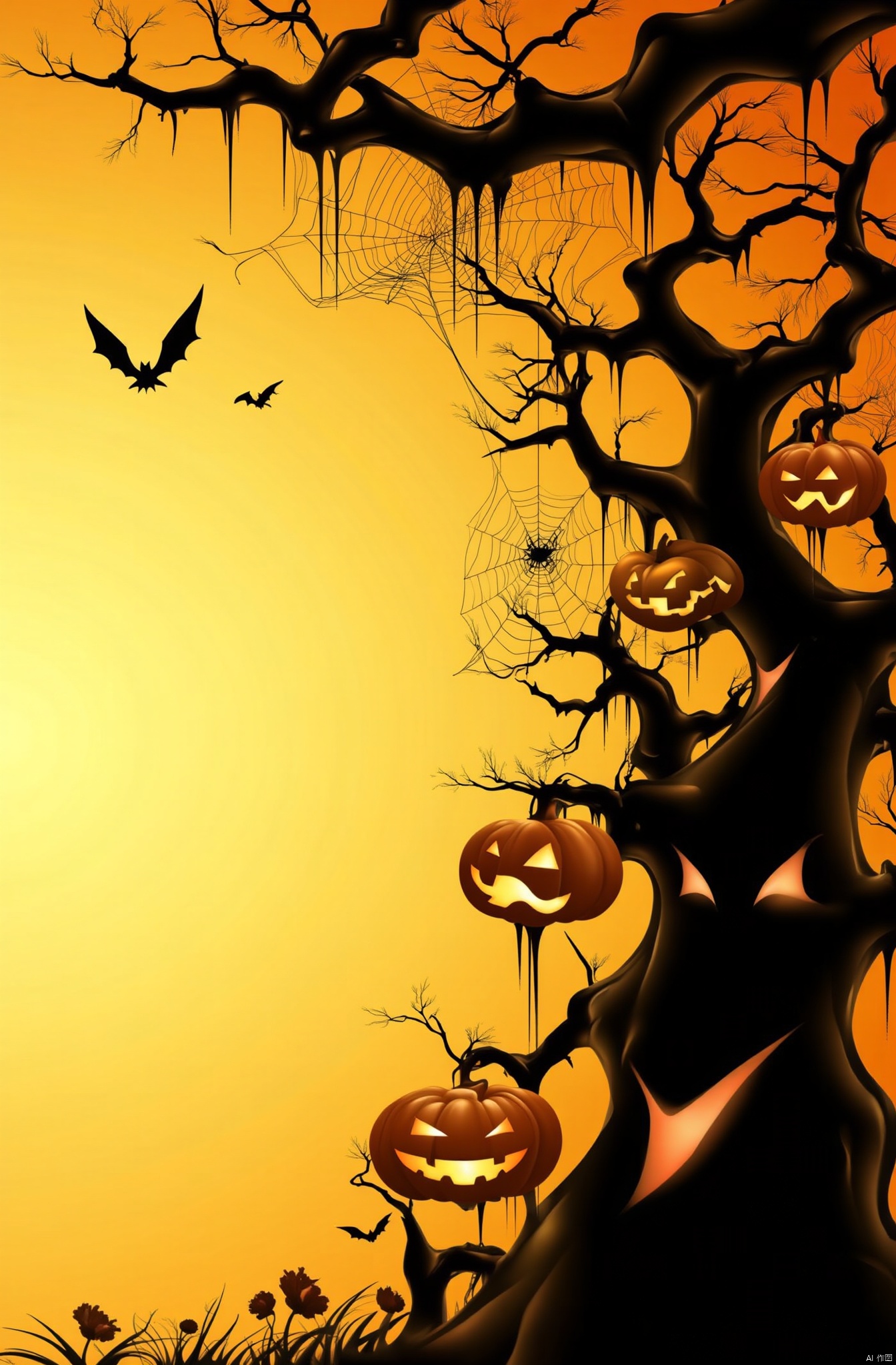 The image is a digital illustration of a Halloween scene. The background is a gradient of orange and yellow, with a silhouette of a tree on the right side. The tree has multiple branches and leaves, and there are several jack-o-lanterns hanging from the branches. On the left side of the image, there are bats flying in the sky. In the center, there is a spider web hanging from one of the branches, and a jack o'lantern hanging from a string. The overall mood of the illustration is spooky and eerie.