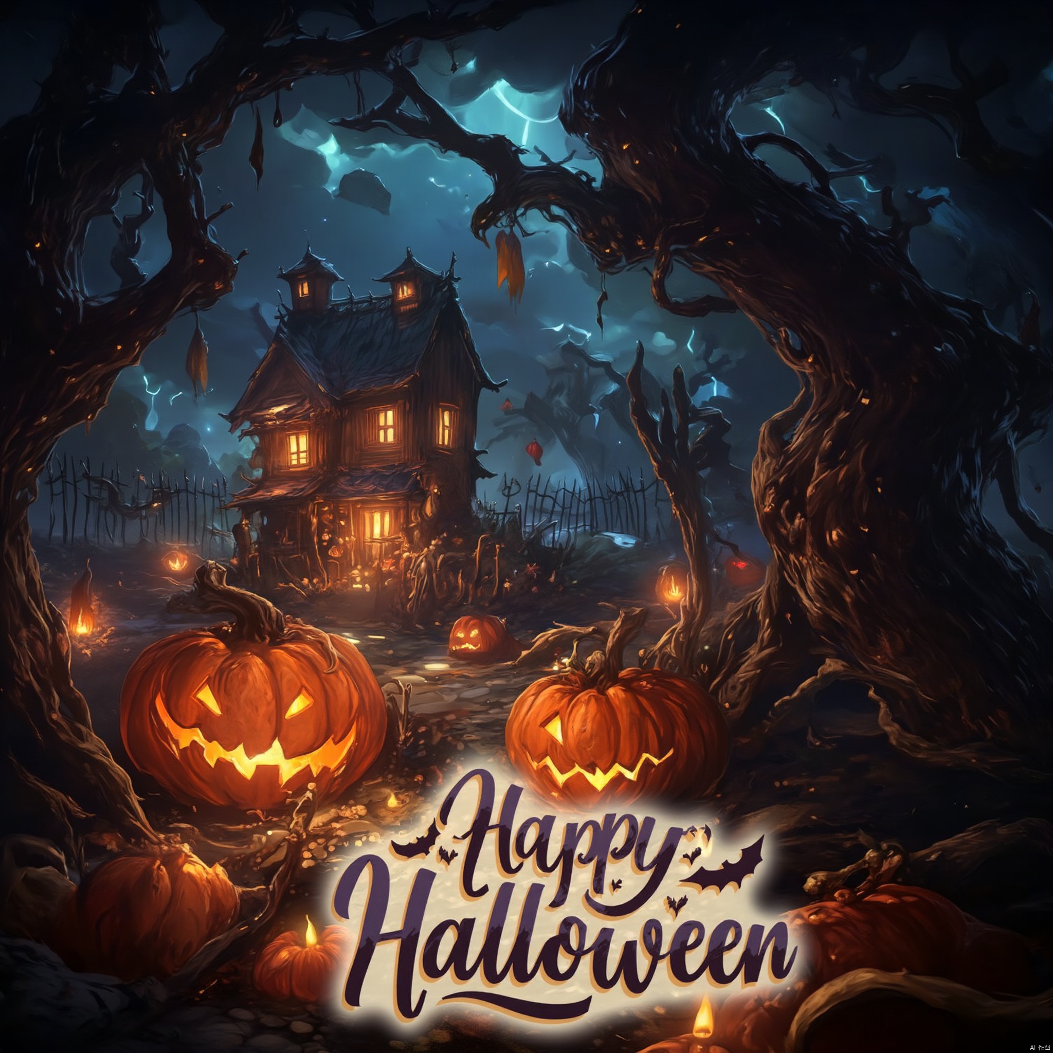 The image is a Halloween-themed illustration. It features a dark and eerie scene with a large tree on the right side of the image with its branches reaching up towards the sky. On the left side, there is a small wooden house with a thatched roof and a chimney. The house is lit up with orange and yellow lights, and there are several pumpkins scattered around the yard. In front of the house, there are two large jack-o-lanterns with glowing orange eyes and sharp teeth. The ground is covered in fallen leaves and twigs, and a fence can be seen in the background. The sky is filled with dark clouds and lightning bolts, creating a spooky and eerie atmosphere. The words "Happy Halloween" are written in a cursive font at the bottom of the illustration.