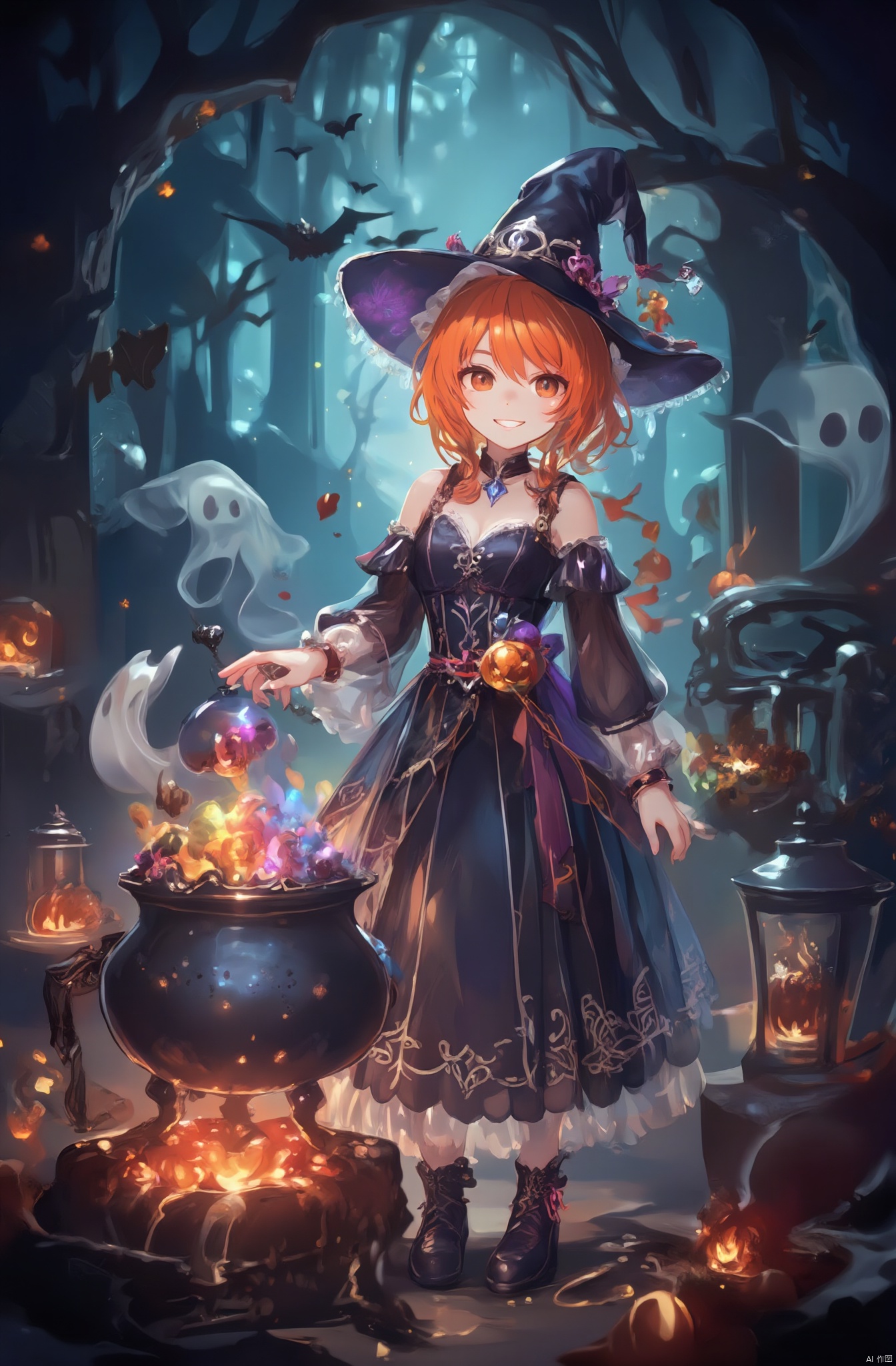 In a haunted forest, a little girl in a classic witch costume stands beside a cauldron bubbling with colorful potions. Her outfit includes a long black dress with a shimmering silver belt and a pointed hat with whimsical patterns. She has bright orange hair and a mischievous grin, as ghostly figures dance in the shadows around her.