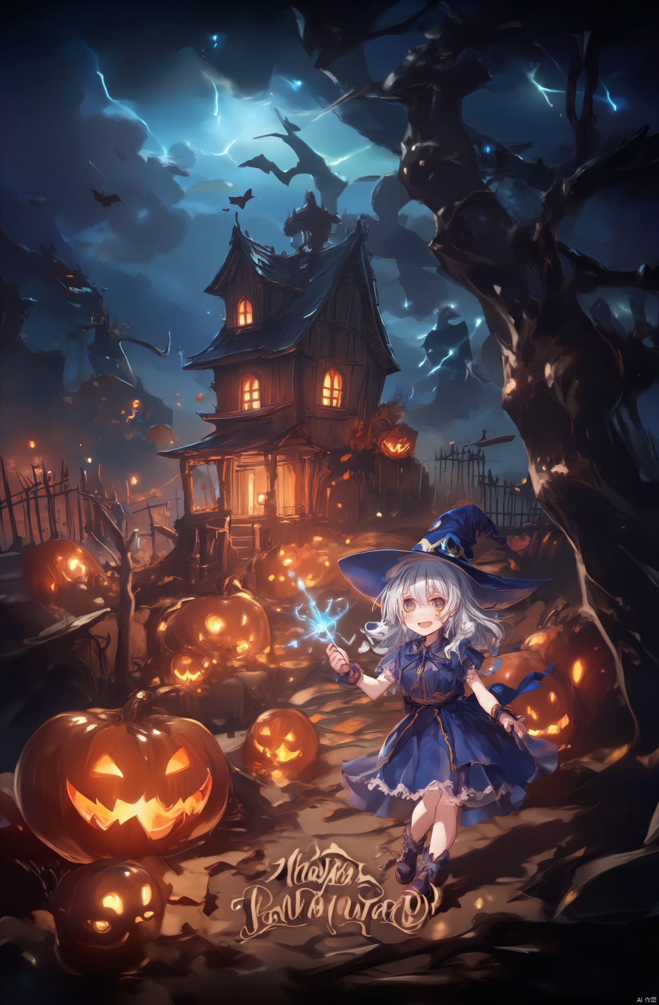The image is a Halloween-themed illustration featuring a dark and eerie scene. On the right side, a large tree looms with its branches reaching up towards the sky. On the left, a small wooden house with a thatched roof and chimney is illuminated by warm orange and yellow lights, with several pumpkins scattered around the yard. In front of the house, two large jack-o-lanterns with glowing orange eyes and sharp teeth sit prominently. The ground is covered in fallen leaves and twigs, and a fence can be seen in the background. Dark clouds and lightning bolts fill the sky, creating a spooky atmosphere.

In the foreground, a young girl dressed in a blue witch costume with a short skirt stands in front of the house. She has white hair, possibly in pigtails or waves, and holds a sparkling magic wand, her face lit up with excitement. The words 'Happy Halloween' are written in a cursive font at the bottom of the illustration.