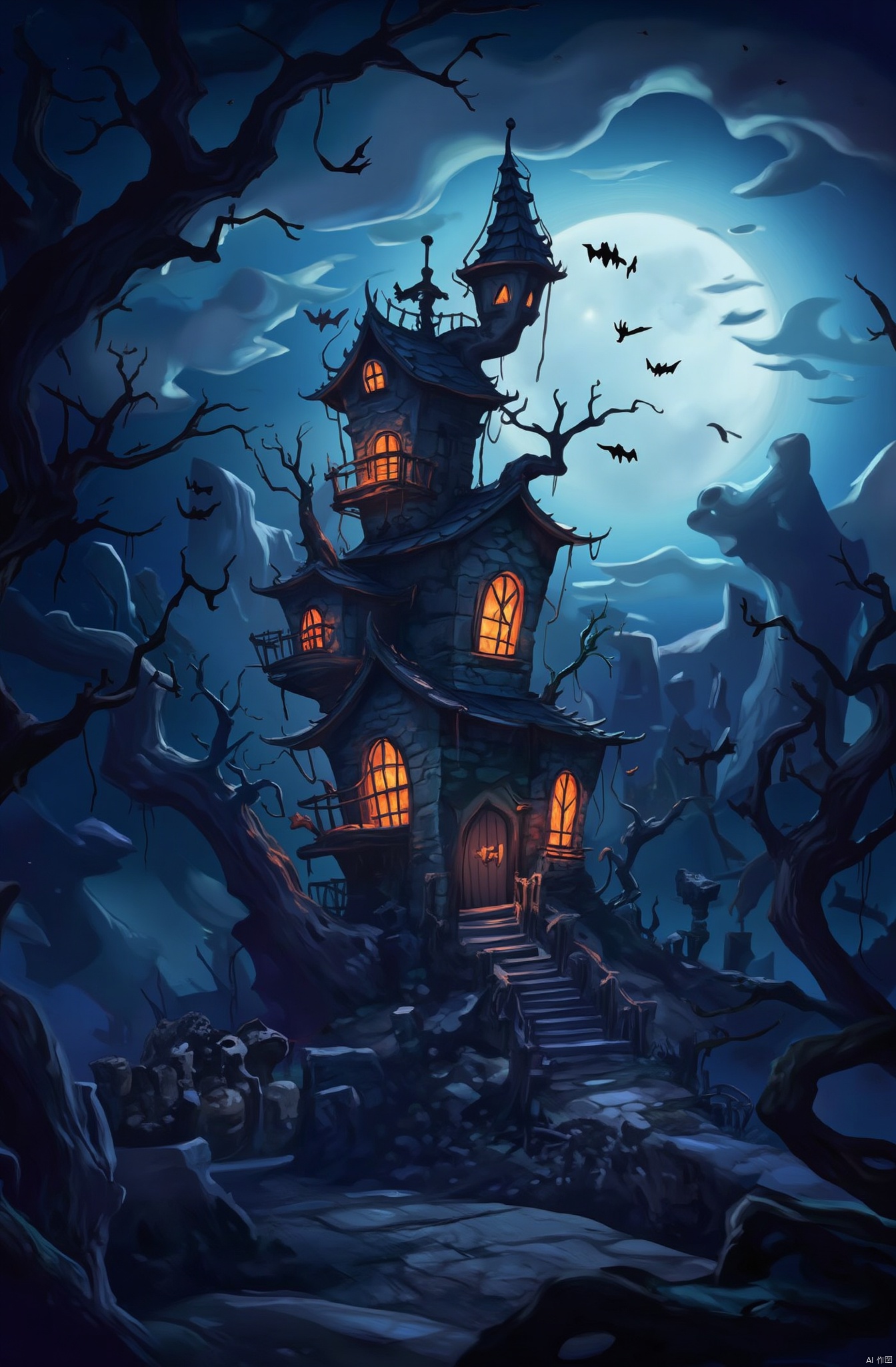 The image is a digital illustration of a spooky haunted house with a full moon in the background. The house is made of stone and has a tall tower with a pointed roof and a chimney on top. It has multiple windows and a door on the front, and a staircase leading up to the entrance. The tree on the left side of the house is covered in branches and leaves, and there are several bats flying around it. The sky is dark blue with a few clouds, and the moon is partially visible in the top right corner. The overall mood of the image is eerie and eerie.
