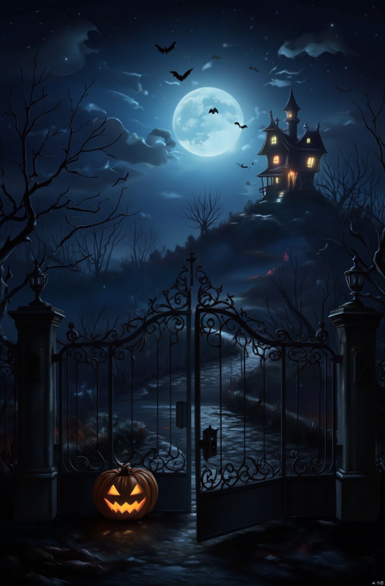 The image is a Halloween scene with a full moon in the background. The sky is dark and filled with stars, and there are bats flying around the moon. In the foreground, there is a gate with a jack-o-lantern hanging from it. The gate is made of metal and has a wrought iron railing. Behind the gate, there are trees with bare branches, and a hill with a castle-like structure on top. The castle is lit up with orange and yellow lights, creating a spooky atmosphere. The overall mood of the image is eerie and eerie.