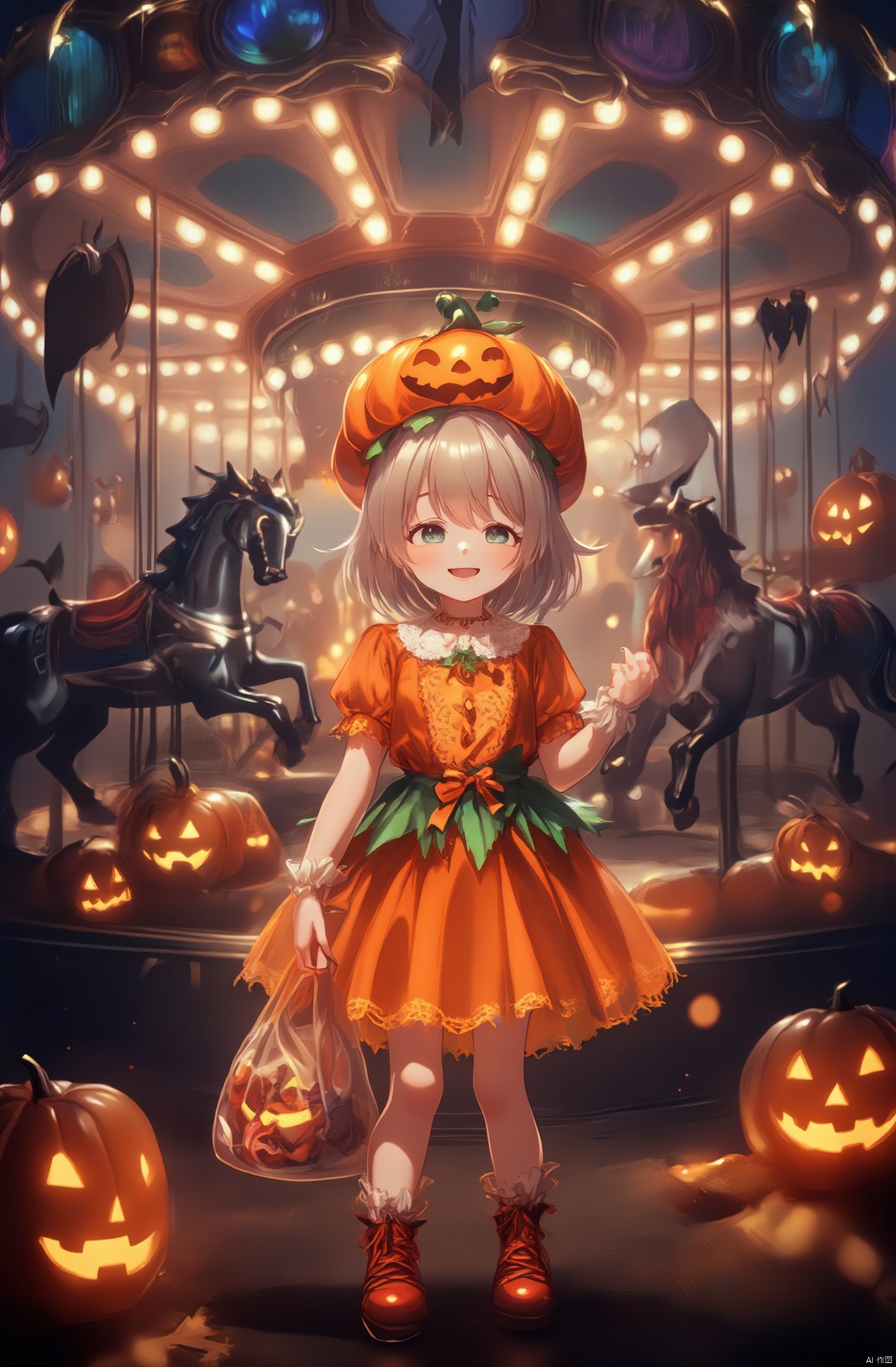 Amidst a colorful Halloween carnival, a little girl dressed as a cheerful pumpkin stands by a carousel decorated with spooky creatures. Her costume features a vibrant orange dress with green accents and a cute pumpkin hat. She beams with joy, holding a bag filled with candy as glowing jack-o-lanterns light up the scene around her.