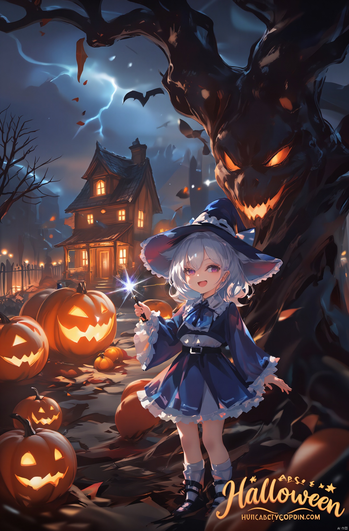The image is a Halloween-themed illustration featuring a dark and eerie scene. On the right side, a large tree looms with its branches reaching up towards the sky. On the left, a small wooden house with a thatched roof and chimney is illuminated by warm orange and yellow lights, with several pumpkins scattered around the yard. In front of the house, two large jack-o-lanterns with glowing orange eyes and sharp teeth sit prominently. The ground is covered in fallen leaves and twigs, and a fence can be seen in the background. Dark clouds and lightning bolts fill the sky, creating a spooky atmosphere.

In the foreground, a young girl dressed in a blue witch costume with a short skirt stands in front of the house. She has white hair, possibly in pigtails or waves, and holds a sparkling magic wand, her face lit up with excitement. The words 'Happy Halloween' are written in a cursive font at the bottom of the illustration.