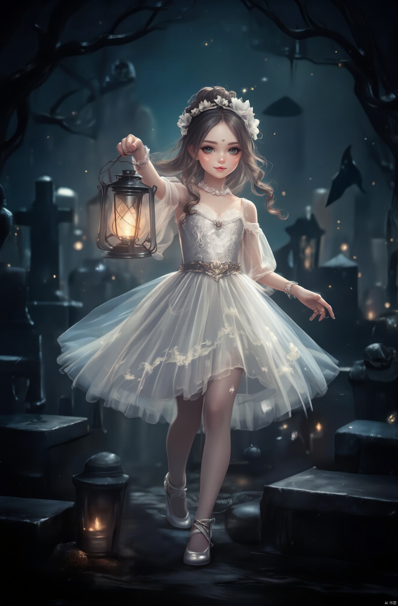 Set in a spooky graveyard, a young girl dressed as a ghostly ballerina twirls gracefully among the tombstones. Her ethereal white dress flows like mist, and she has delicate, pale makeup that adds to her otherworldly appearance. In her hand, she holds a lantern that glows softly, illuminating the night with an eerie light.