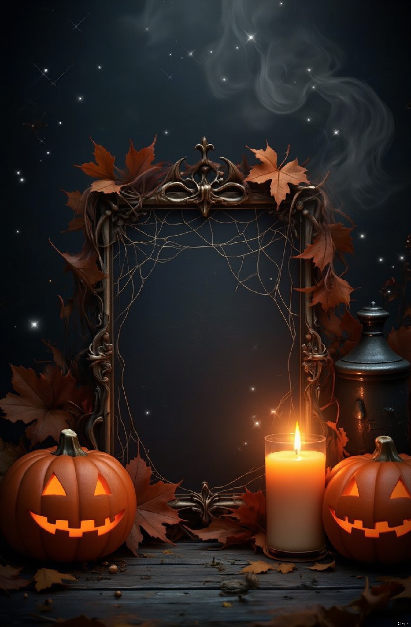 The image is a Halloween-themed background with a dark and eerie atmosphere. In the center of the image, there is a large, ornate frame with a spider web design on it. The frame is placed on a wooden surface with two carved pumpkins on either side. The pumpkins have jack-o-lantern faces carved into them and are surrounded by autumn leaves. On the right side of the frame, there are two lit candles with orange flames. The background is filled with stars and smoke, creating a spooky and eerie ambiance. The overall color scheme is dark and moody, evoking the feeling of Halloween.