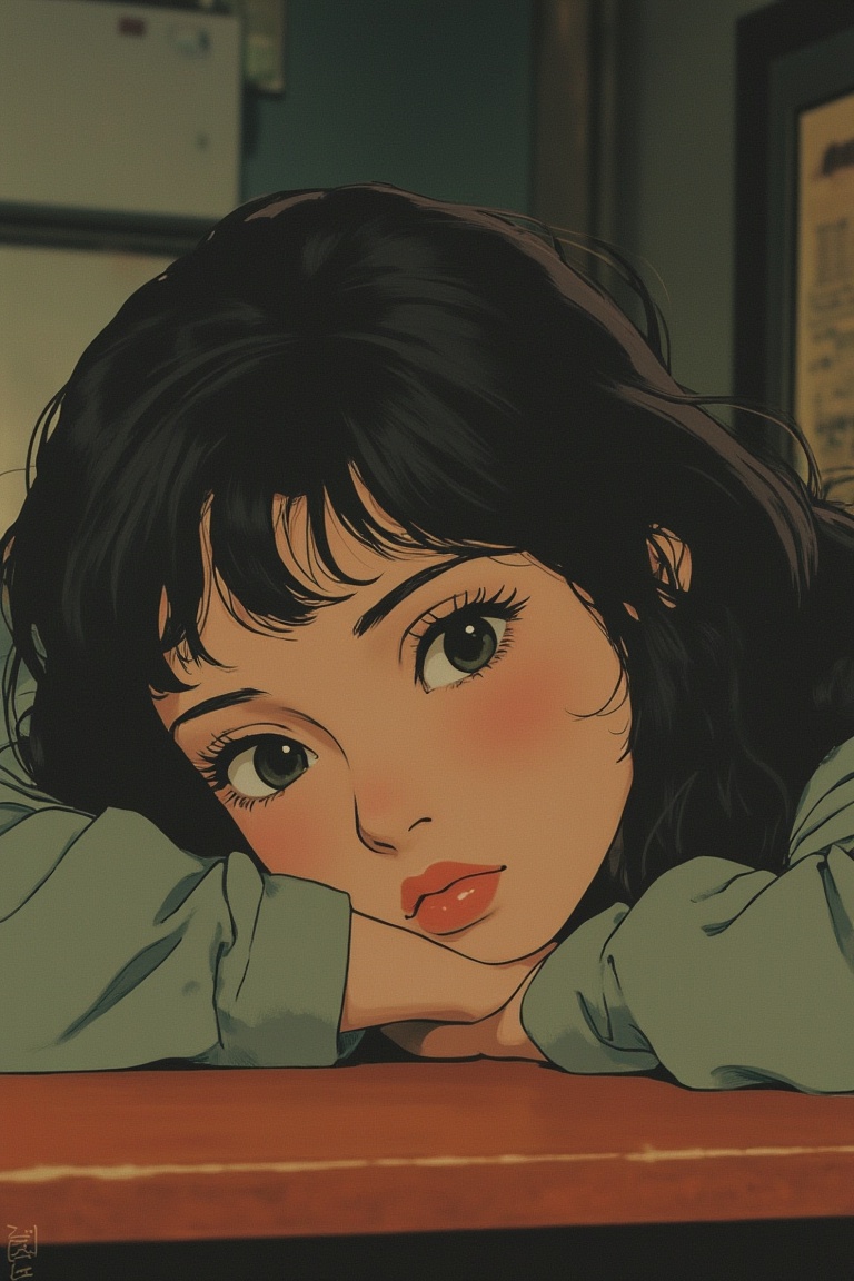 An anime woman with muted retro colors,  leaning her head gently on a wooden table. The scene is softly lit with warm tone...