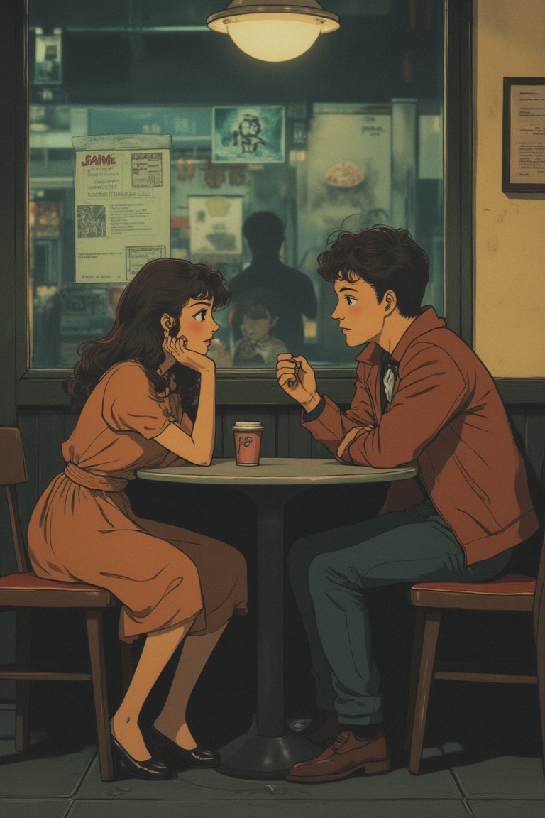 An anime scene with muted retro colors,  depicting a woman and a man chatting in a cozy cafe. They sit across from each ot...