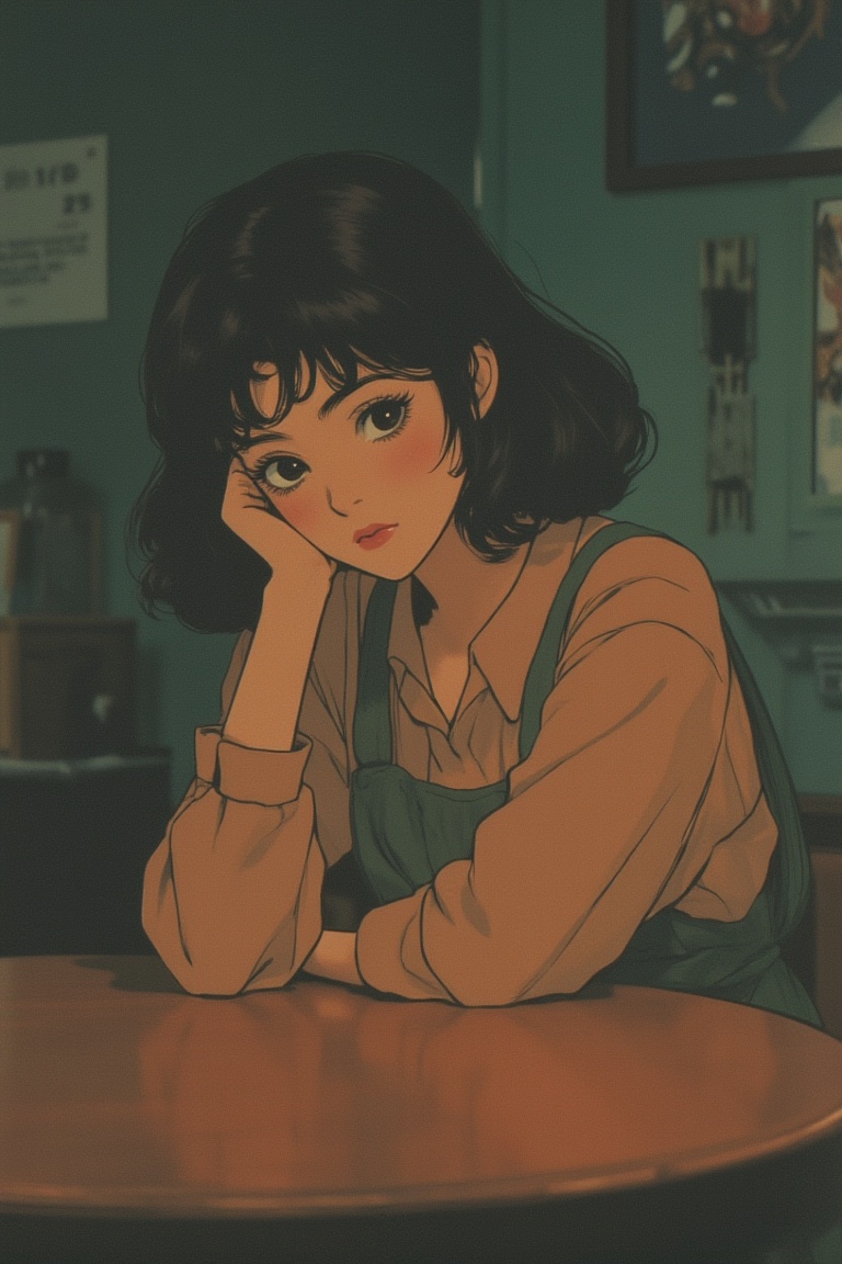 An anime woman with muted retro colors,  leaning her head gently on a wooden table. The scene is softly lit with warm tone...