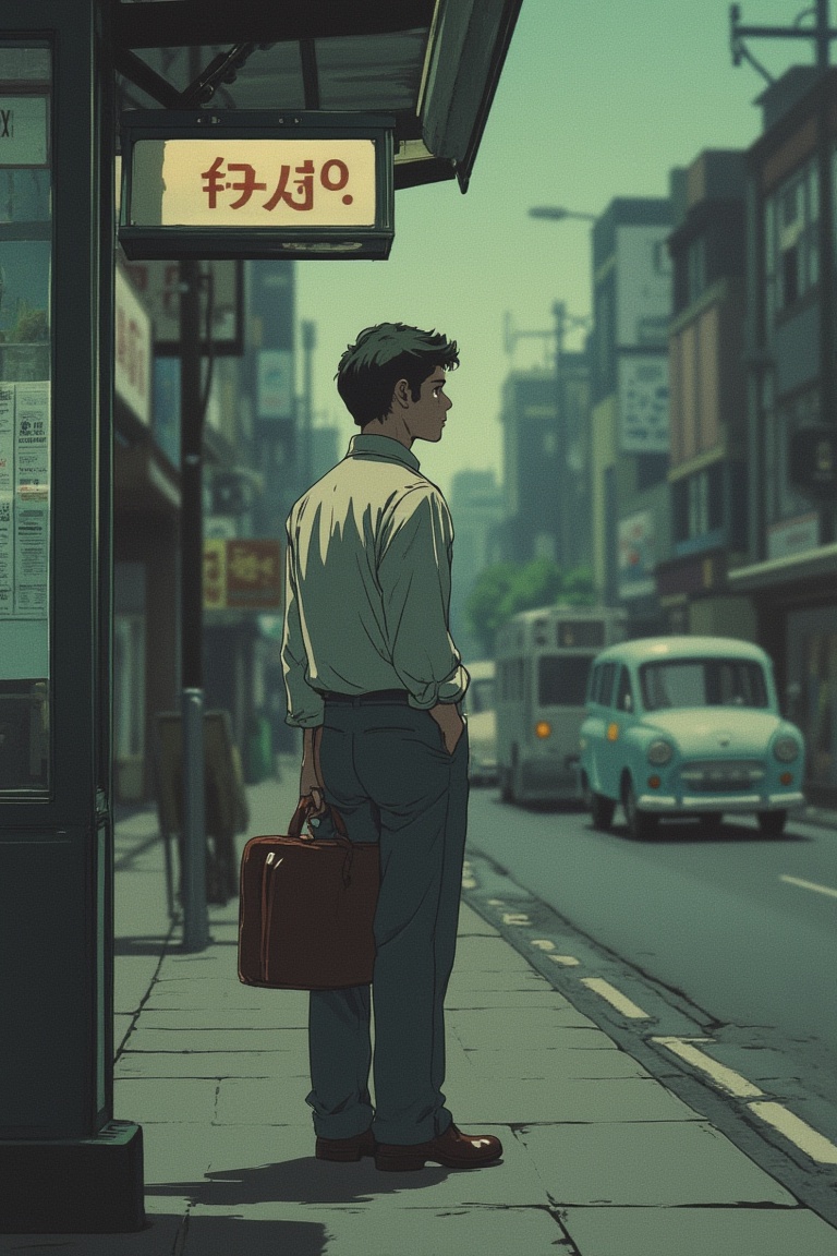An anime scene with muted retro colors,  featuring a man waiting at a bus stop in a bustling city. He stands with a casual...