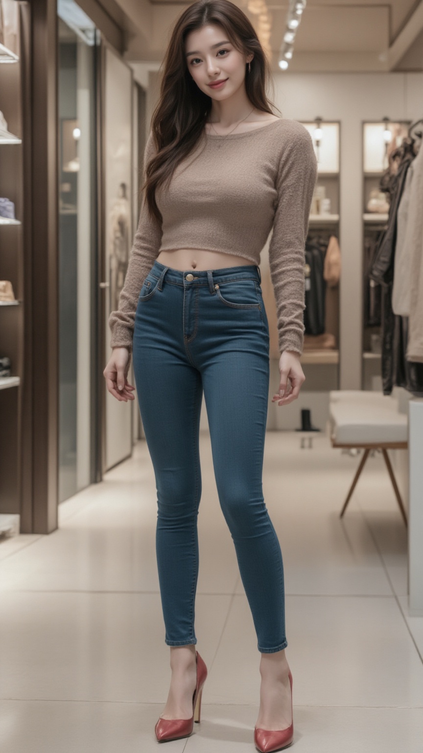The image features a beautiful young korean woman posing in a stylish and casual outfit against a fashion store background...