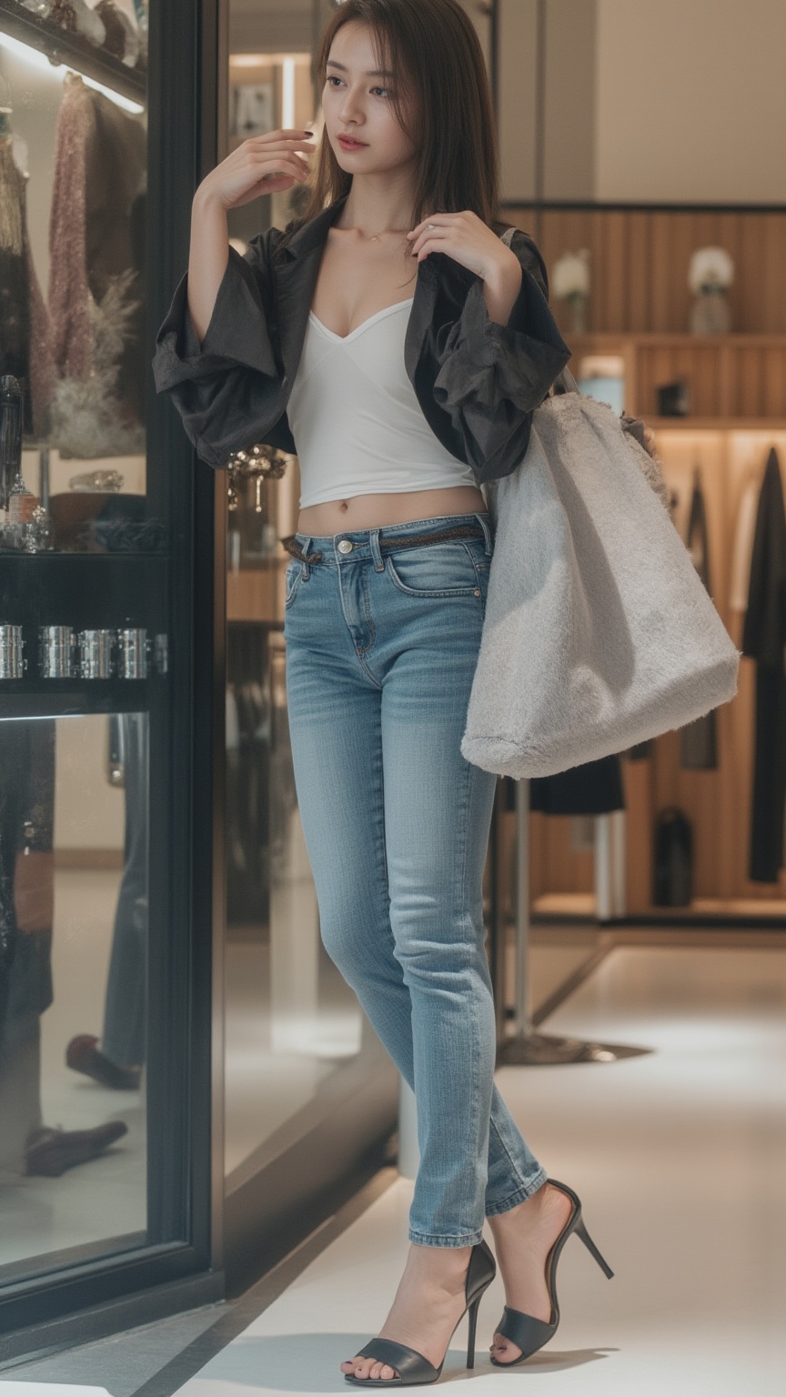 The image features a beautiful young korean woman posing in a stylish and casual outfit against a fashion store background...
