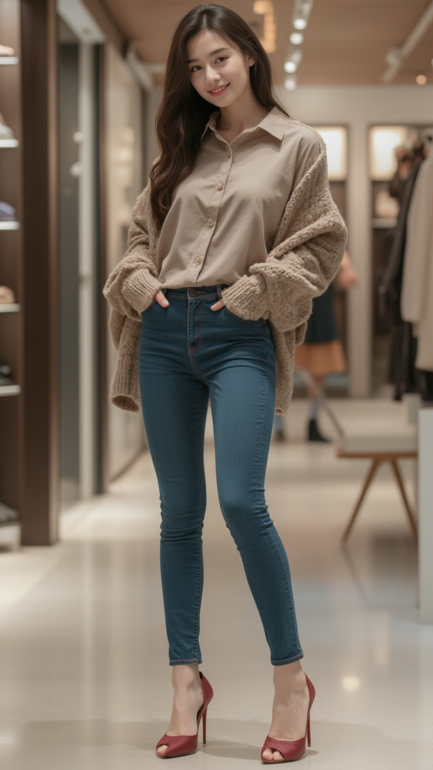 The image features a beautiful young korean woman posing in a stylish and casual outfit against a fashion store background...