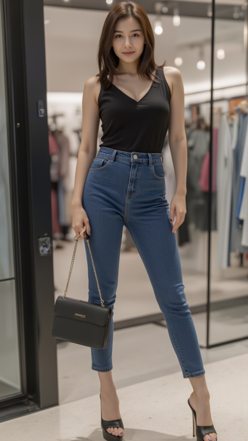 The image features a beautiful young korean woman posing in a stylish and casual outfit against a fashion store background...