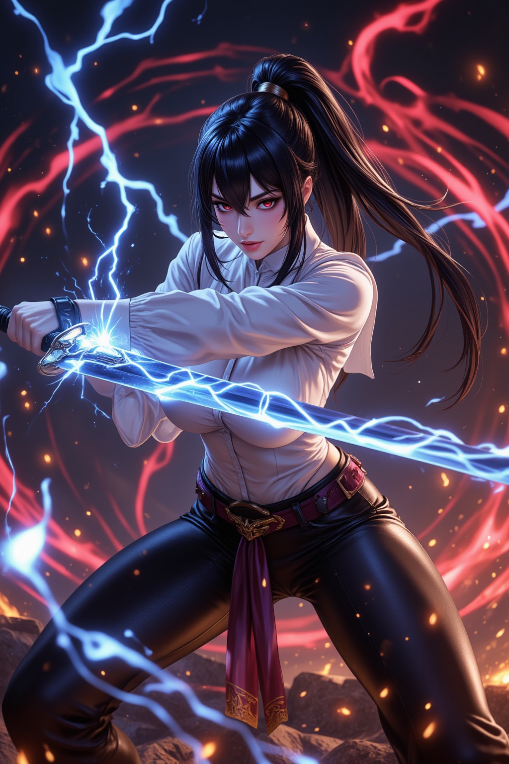 A beautiful female warrior in black pants and a white blouse wields a katana with flashing blue electricity at the audienc...