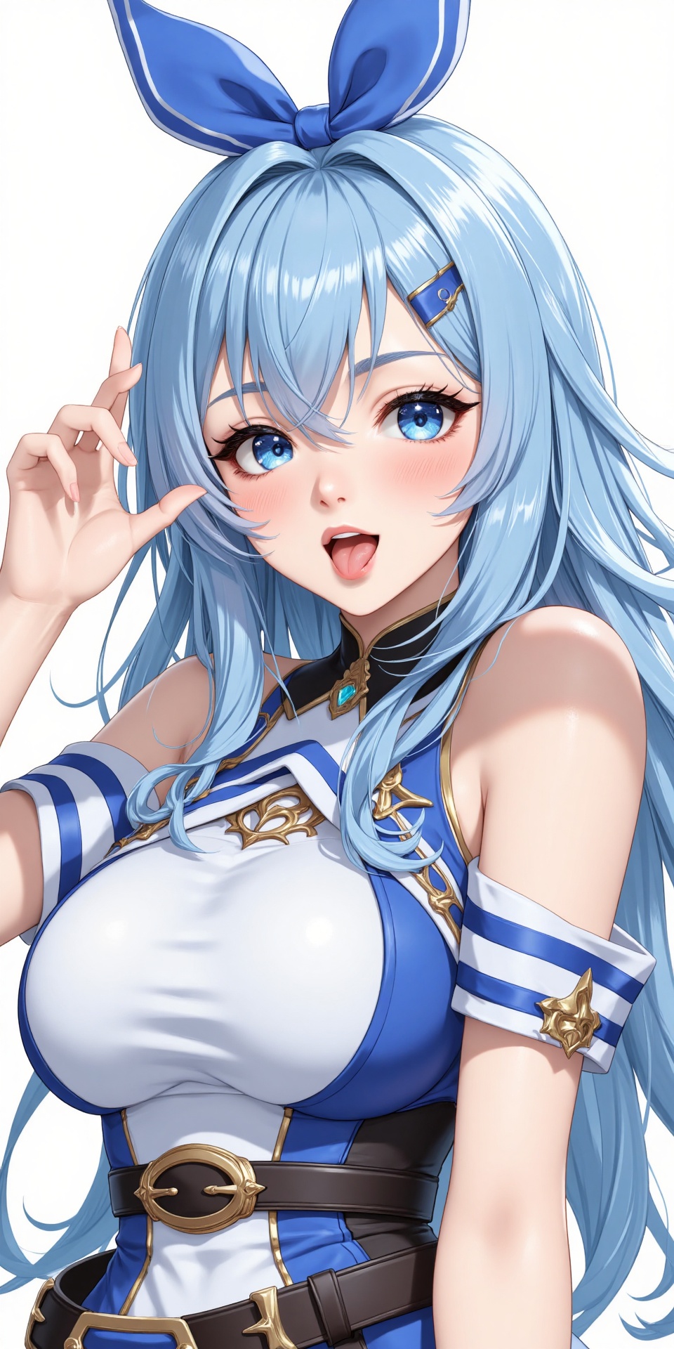 An animated image of an anime girl with blue hair and blue eyes. The girl is wearing a blue and white dress with a gold be...