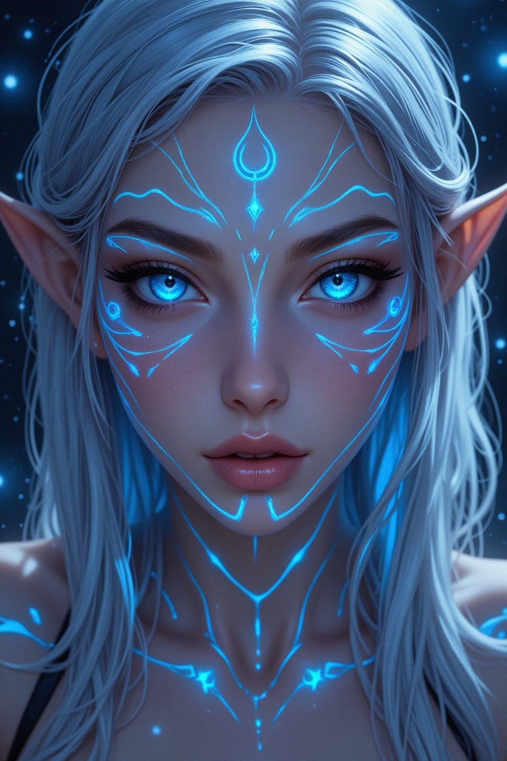 Create a close-up image of a fantasy elf’s face. Her skin glows with a soft,  ethereal light and is adorned with neon tatt...