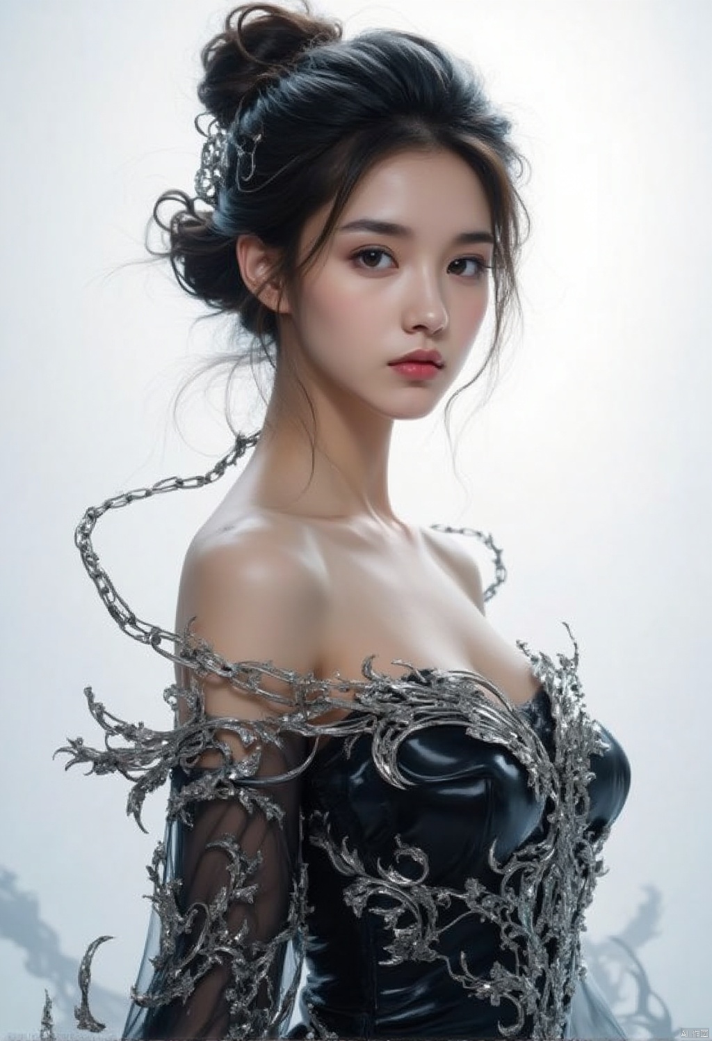 chain-mail dress,a beautiful Asian woman stands in front of a stark white backdrop. She is dressed in a black strapless dress adorned with intricate silver designs. Her hair is pulled back in a bun,adding a touch of texture to her face. Her eyes are a piercing blue,her lips are a deep red,and her hair is a vibrant shade of brown. Her dress is adorned with a unique design that,adds depth to the composition.