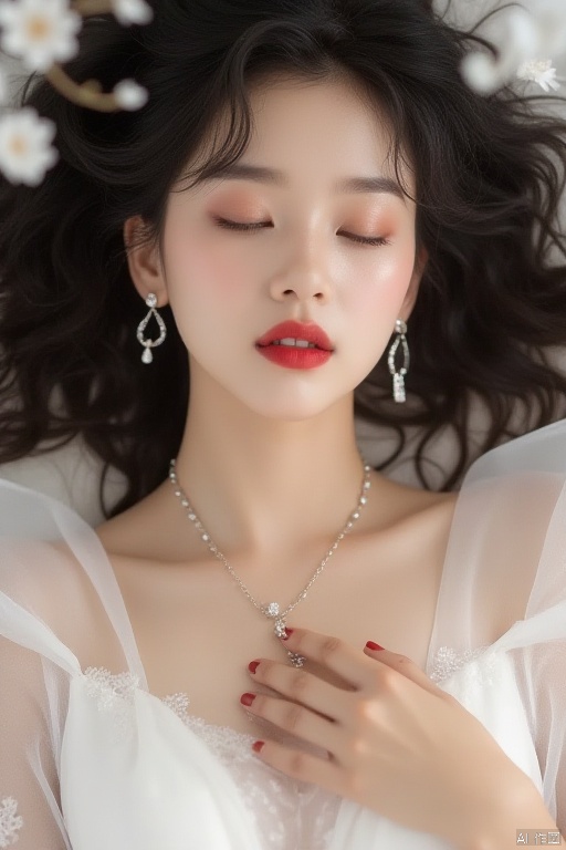 Prompt,(masterpiece, top quality, best quality, official art, beautiful and aesthetic:1.2),lianhua,1girl,jewelry,closed eyes,earrings,red lips,white dress,makeup,lipstick,lie down,top view,