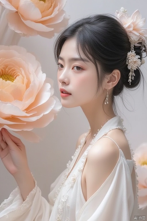 Flower,(masterpiece, top quality, best quality, official art, beautiful and aesthetic:1.2),lianhua,1girl,black hair,white dress,hair ornament,sit,hair bun,side view,