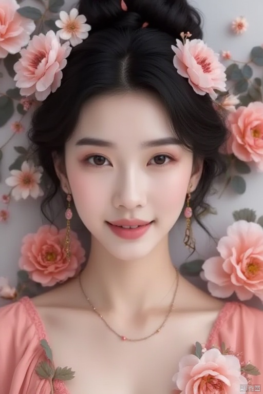 Flower,(masterpiece, top quality, best quality, official art, beautiful and aesthetic:1.2)lianhua, 1girl,super realilstic,photography,super details, front view, upper body, solo, jewelry, earrings, hair ornament, black hair, smile, hair flower