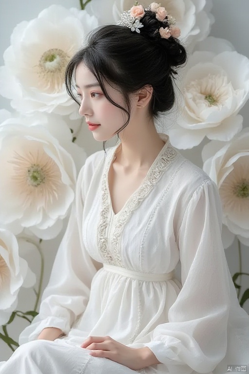 Flower,(masterpiece, top quality, best quality, official art, beautiful and aesthetic:1.2),lianhua,1girl,black hair,white dress,hair ornament,sit,hair bun,side view,