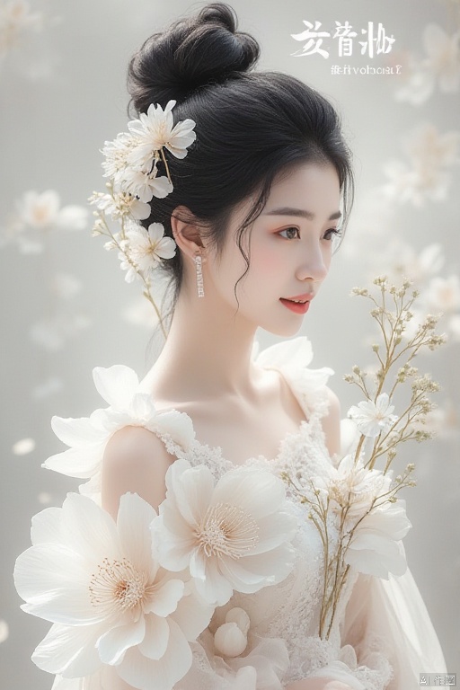 Flower,(masterpiece, top quality, best quality, official art, beautiful and aesthetic:1.2),lianhua,1girl,black hair,white dress,hair ornament,sit,hair bun,side view,