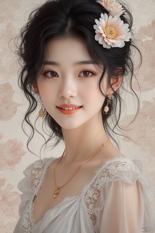Prompt,(masterpiece, top quality, best quality, official art, beautiful and aesthetic:1.2),lianhua, 1girl, front view, upper body, solo, jewelry, earrings, hair ornament, black hair, smile, hair flower,masterpiece, best quality,official art, 