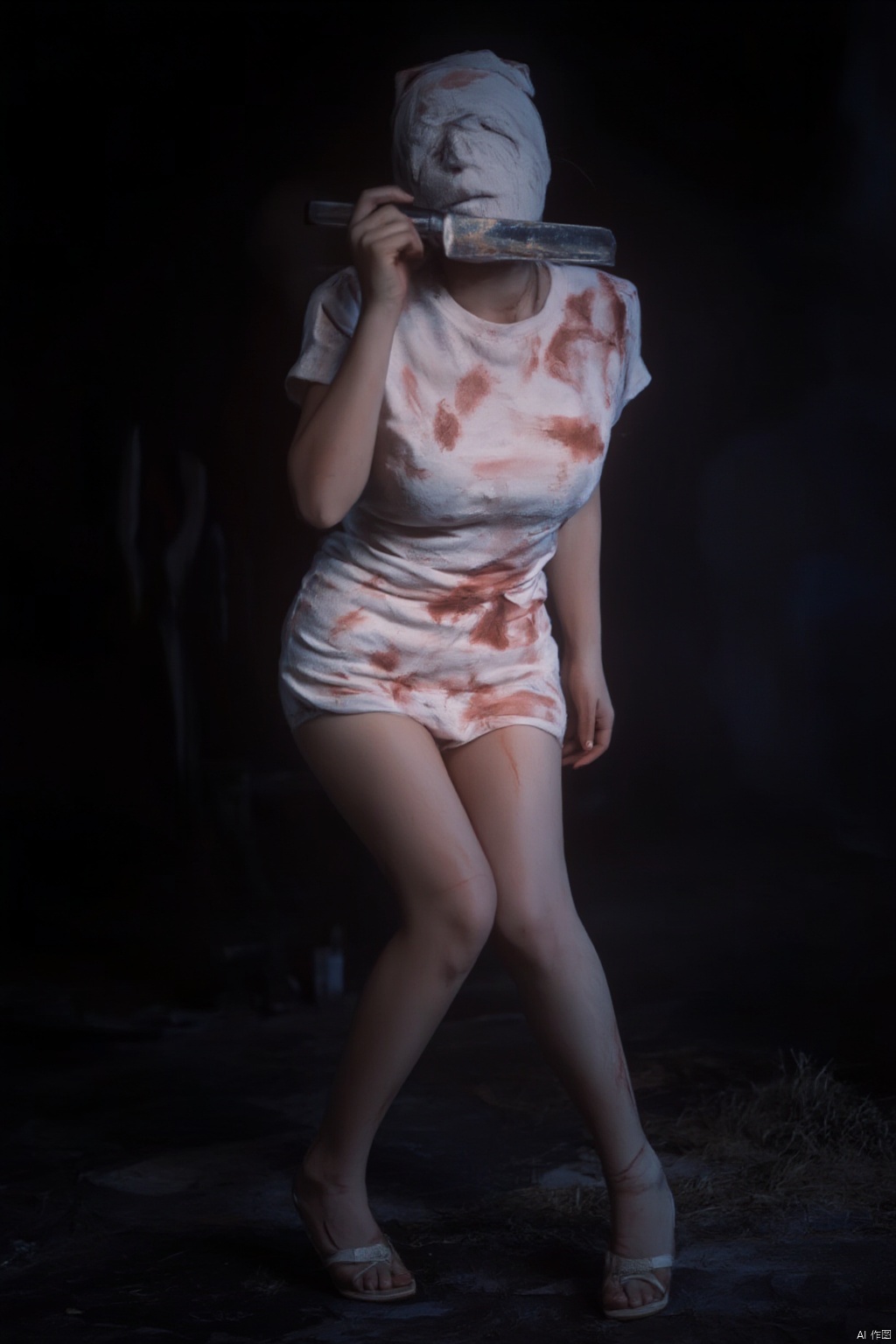 Silent Hill Nurse\(hubggirl)\, 
a woman dressed in a zombie costume, is holding a knife in her right hand. The woman's head is covered in a white mask, which is tied around her head. Her body is covered with a white t-shirt and shorts, and her feet are covered in sandals. The background is dark, creating a stark contrast to the woman's costume.