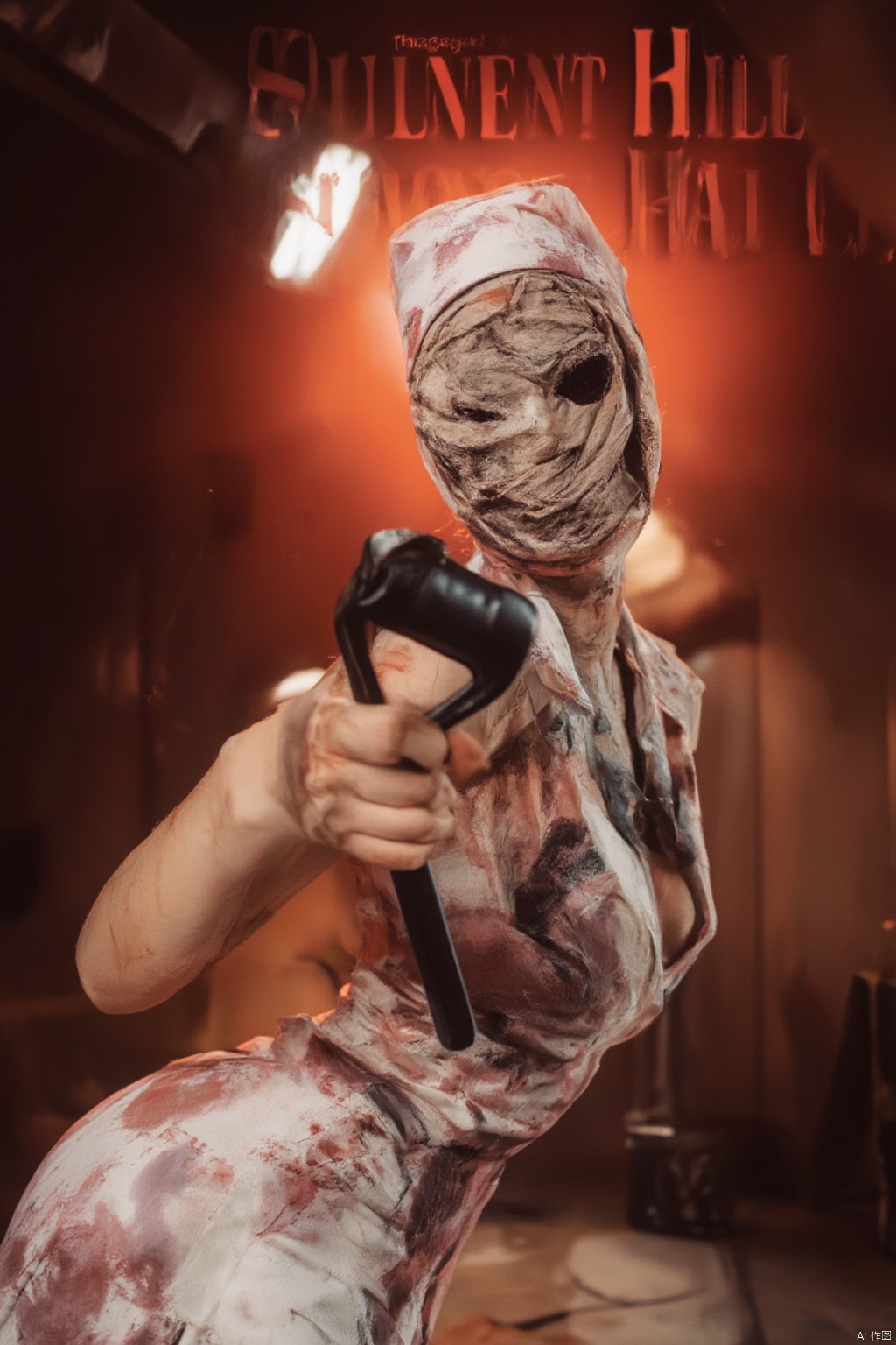 Silent Hill Nurse\(hubggirl)\, A close-up of a person's face can be seen. The person wears a mask on his head, which is partially covered by a bandana. The mask is covered in blood and the person is holding a black crowbar in his right hand. The background is a dark brown color and “Silent Hill” is written in bold red letters at the top of the image.