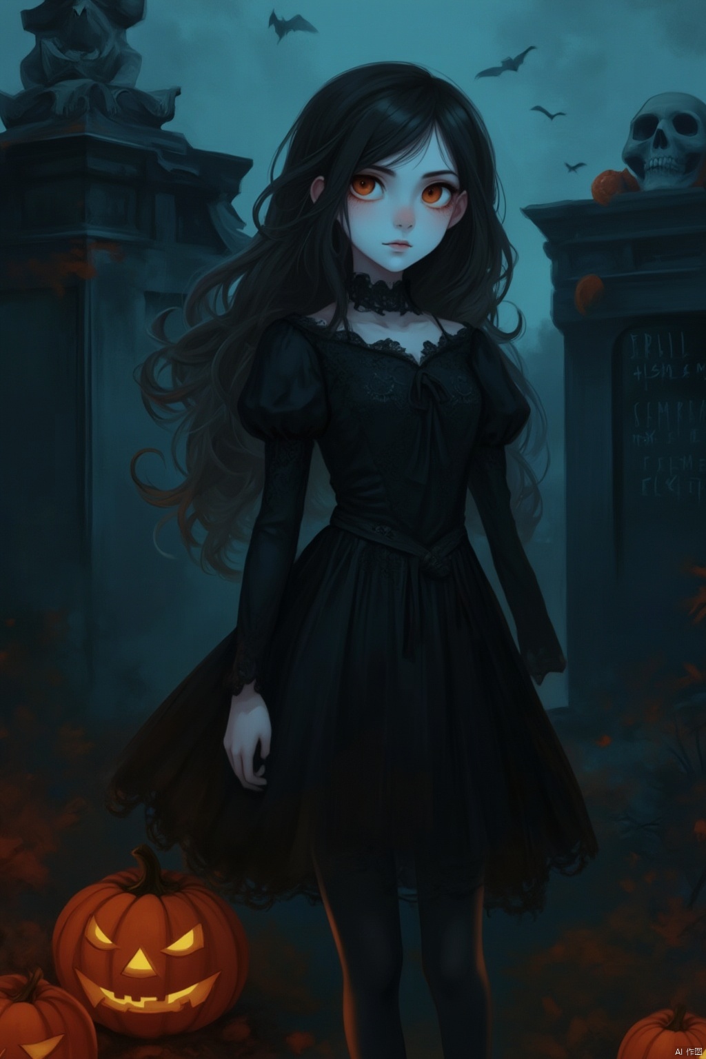 A mysterious evening unfolds as a single girl, dressed in dark attire, stands amidst a graveyard backdrop. A glowing jack-o'-lantern casts an eerie light on her pale skin, while a decorative skull sits atop a nearby mausoleum. The air is thick with the spirit of Halloween, and the girl's eyes seem to hold a hint of vampiric allure.