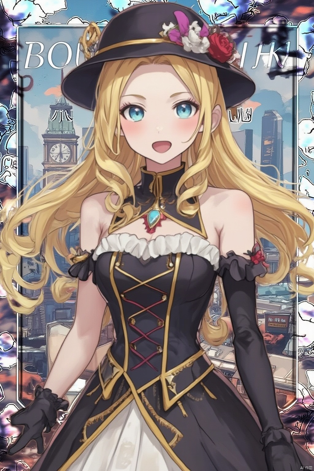 1girl,banner,bare shoulders,black gloves,black hat,blonde hair,blue eyes,building,city,clock tower,detached sleeves,dress,drill hair,drill sidelocks,flower,gloves,hat,hat flower,jewelry,long hair,open mouth,scenery,sidelocks,smile,solo,steampunk,tower,very long hair,