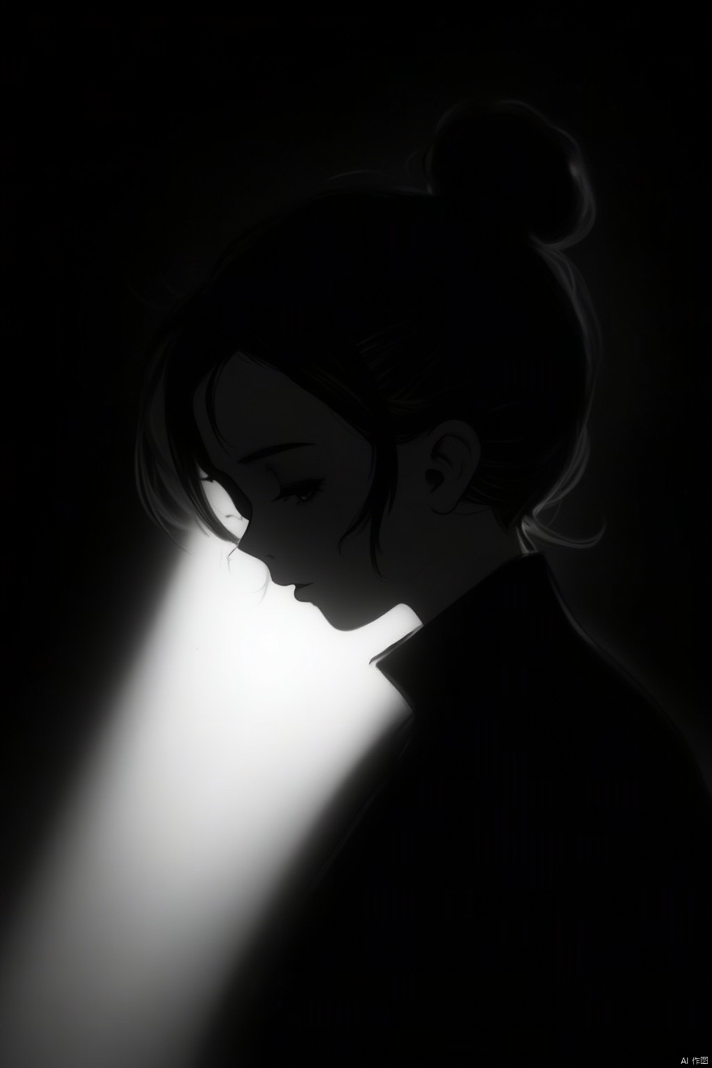  1girl,spotlight,silhouette,parted lips,looking at viewer,monochrome,portrait,deatailed beautiful face,hair bun,simple background,dark background,, silhouette, light master